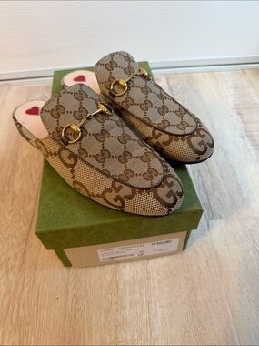 Gucci Beige/Brown GG Canvas Horsebit Backless Loafers